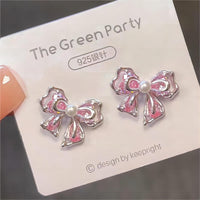 Thumbnail for Dainty Pink Crystal Bowknot Pearl Earrings - ArtGalleryZen