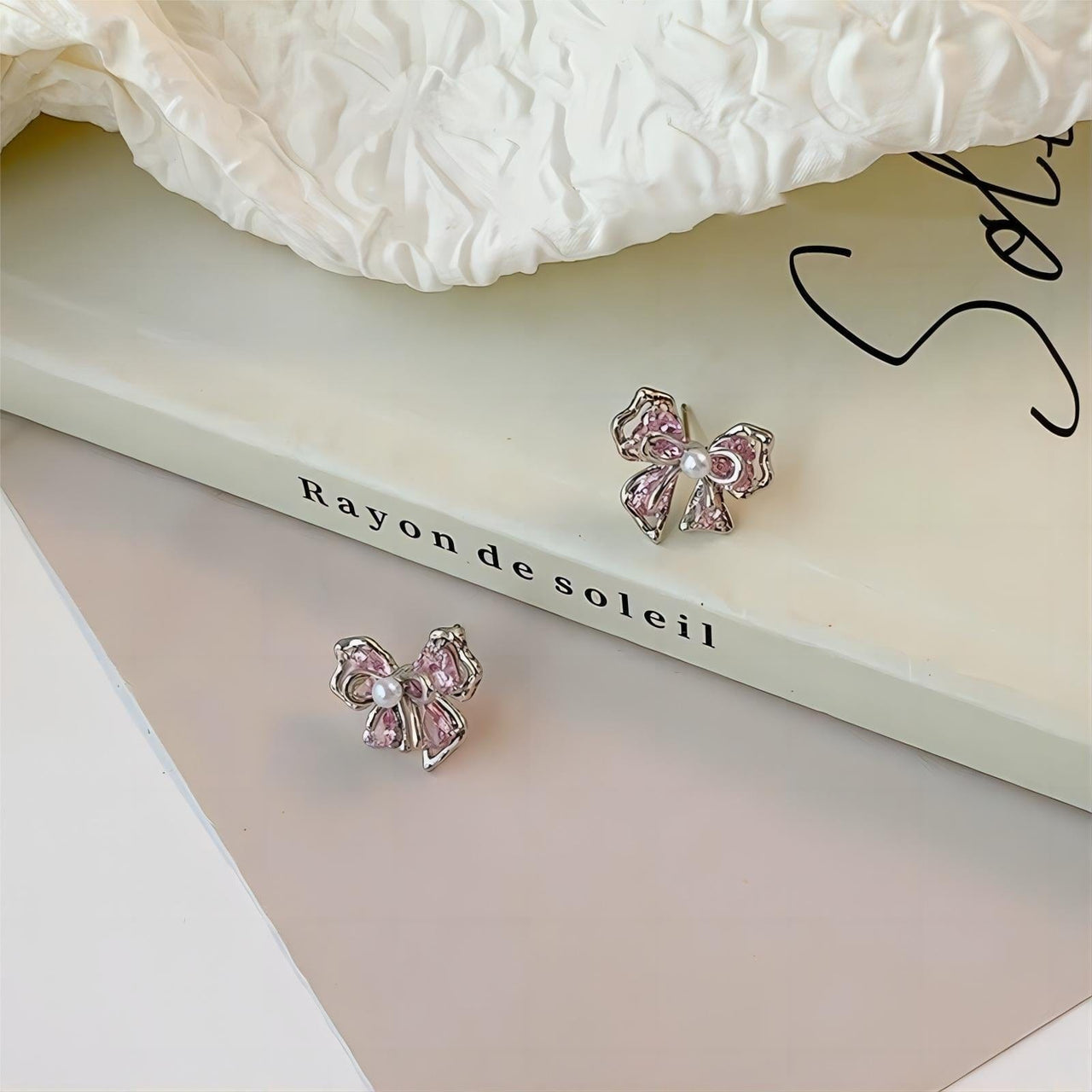 Dainty Pink Crystal Bowknot Pearl Earrings - ArtGalleryZen