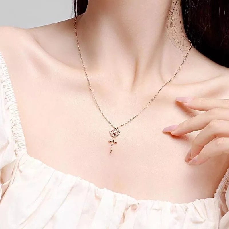 Dainty Pink Crystal English Rose Necklace - ArtGalleryZen