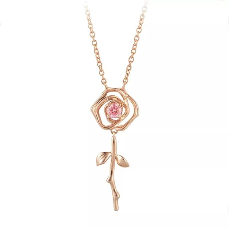 Dainty Pink Crystal English Rose Necklace - ArtGalleryZen