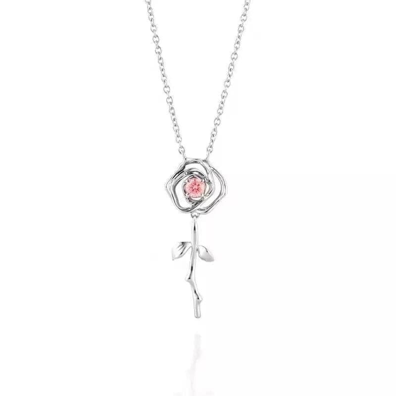 Dainty Pink Crystal English Rose Necklace - ArtGalleryZen