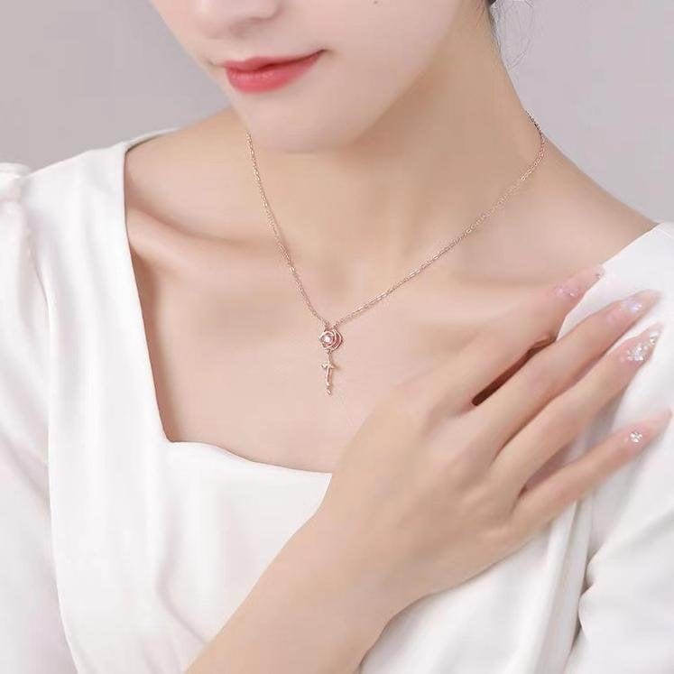 Dainty Pink Crystal English Rose Necklace - ArtGalleryZen