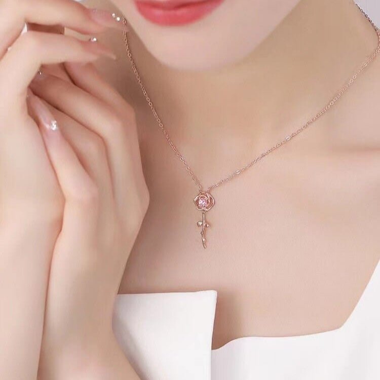 Dainty Pink Crystal English Rose Necklace - ArtGalleryZen