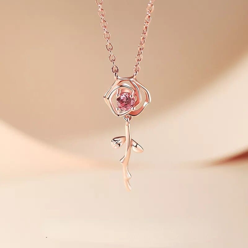 Dainty Pink Crystal English Rose Necklace - ArtGalleryZen