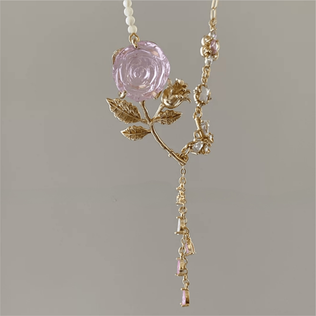Dainty Pink Crystal Rose Charm Fritillaria Beaded Chain Y Choker Necklace - ArtGalleryZen