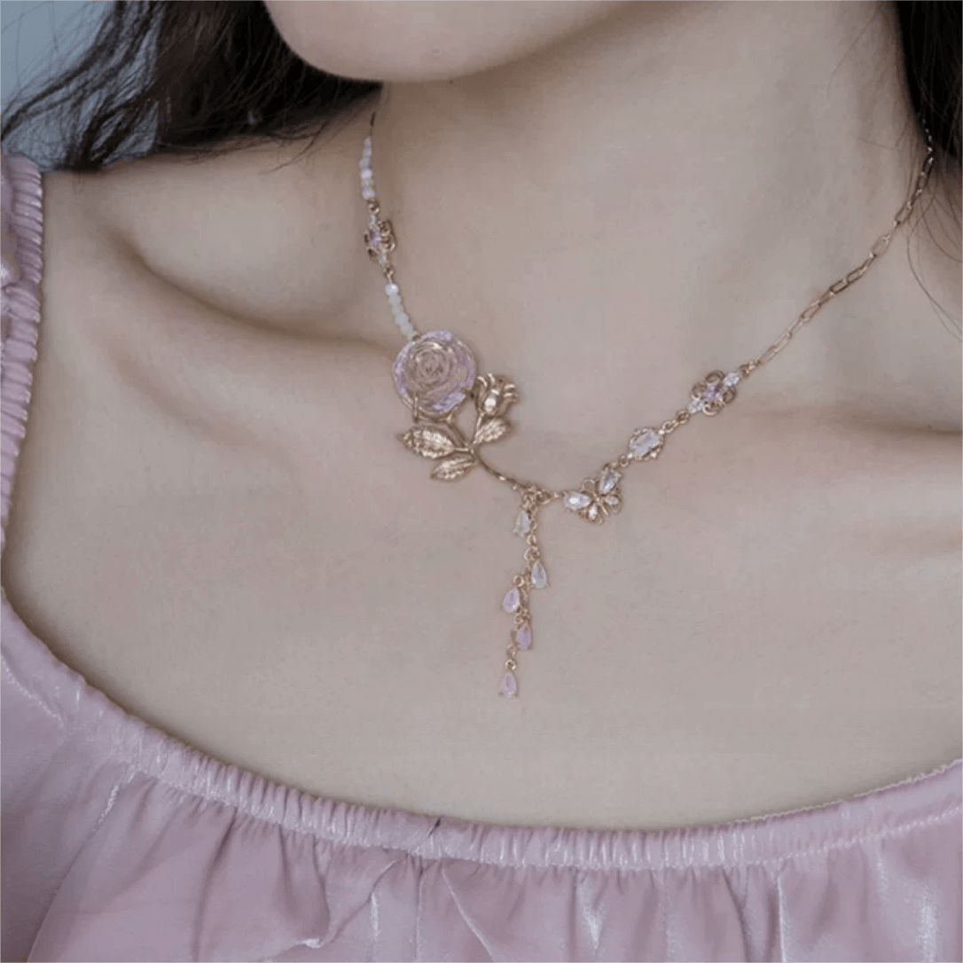 Dainty Pink Crystal Rose Charm Fritillaria Beaded Chain Y Choker Necklace - ArtGalleryZen