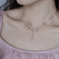 Thumbnail for Dainty Pink Crystal Rose Charm Fritillaria Beaded Chain Y Choker Necklace - ArtGalleryZen
