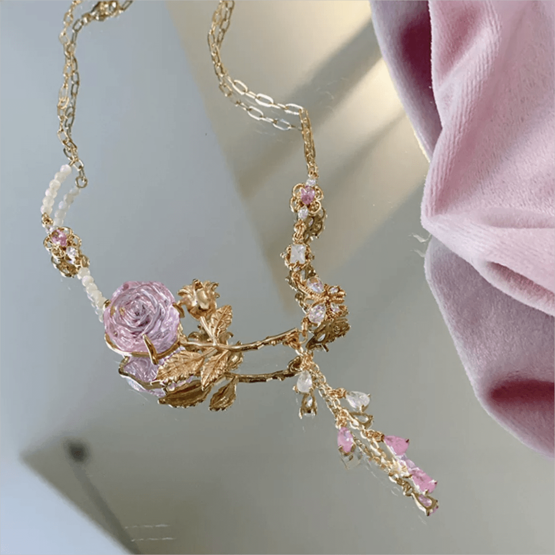 Dainty Pink Crystal Rose Charm Fritillaria Beaded Chain Y Choker Necklace - ArtGalleryZen