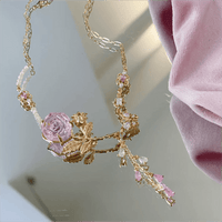 Thumbnail for Dainty Pink Crystal Rose Charm Fritillaria Beaded Chain Y Choker Necklace - ArtGalleryZen