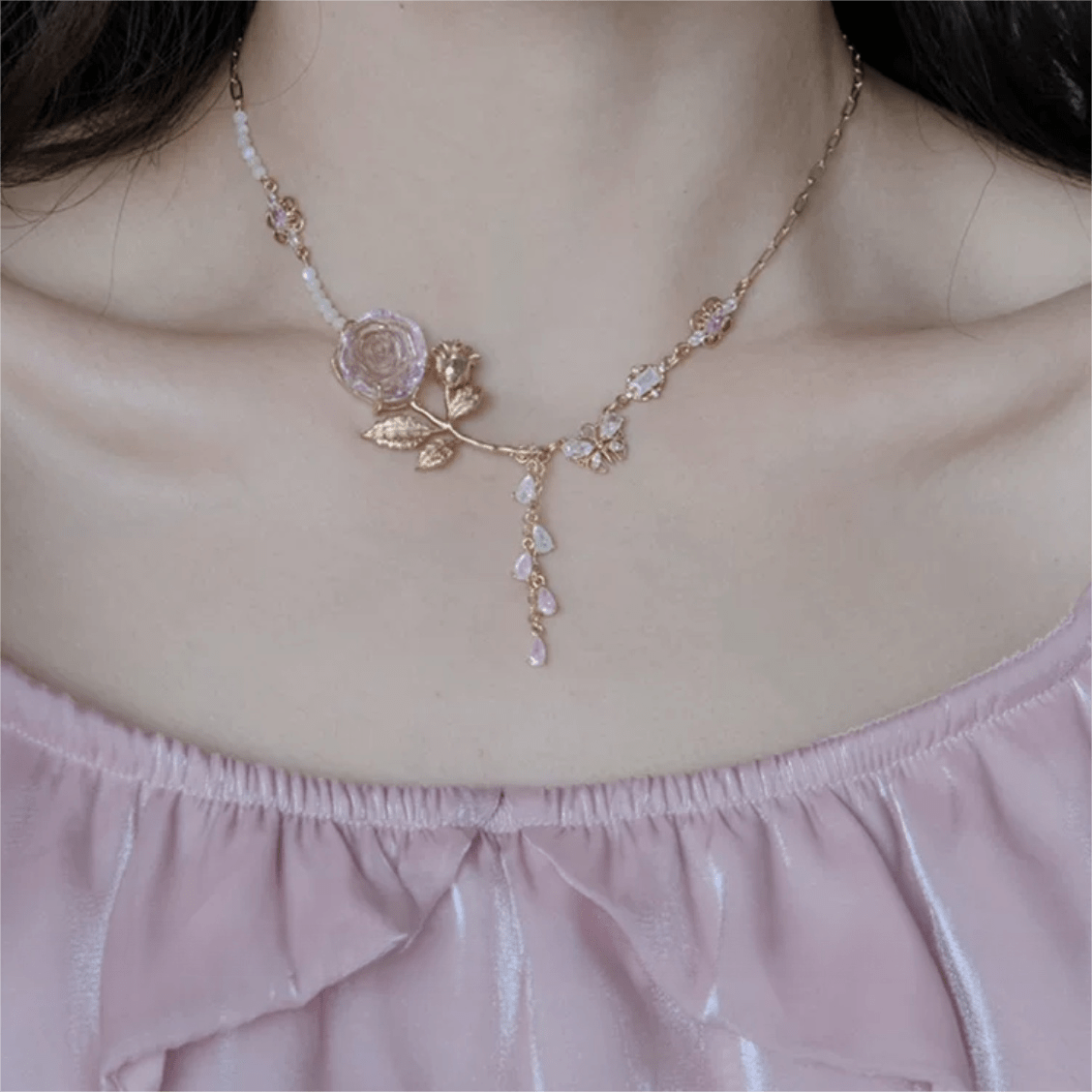 Dainty Pink Crystal Rose Charm Fritillaria Beaded Chain Y Choker Necklace - ArtGalleryZen