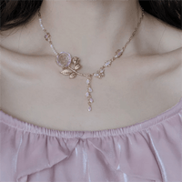 Thumbnail for Dainty Pink Crystal Rose Charm Fritillaria Beaded Chain Y Choker Necklace - ArtGalleryZen