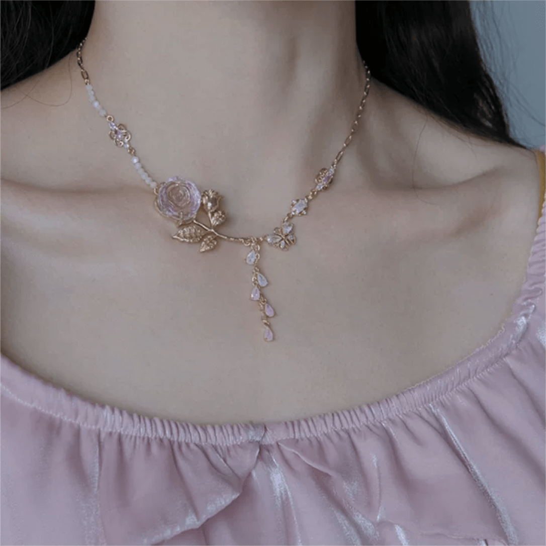 Dainty Pink Crystal Rose Charm Fritillaria Beaded Chain Y Choker Necklace - ArtGalleryZen