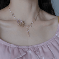 Thumbnail for Dainty Pink Crystal Rose Charm Fritillaria Beaded Chain Y Choker Necklace - ArtGalleryZen