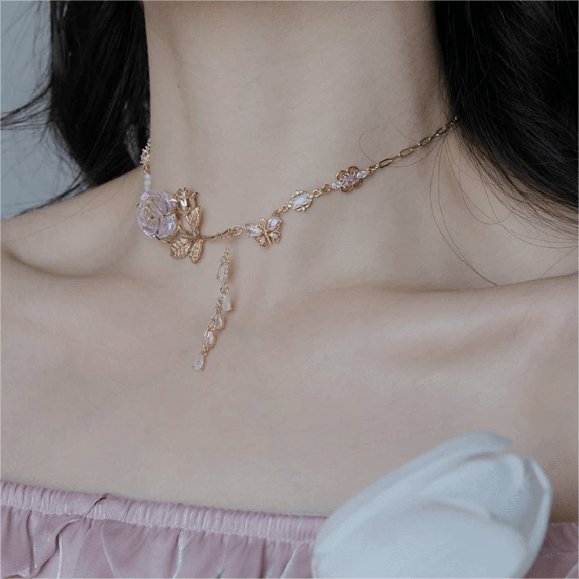 Dainty Pink Crystal Rose Charm Fritillaria Beaded Chain Y Choker Necklace - ArtGalleryZen