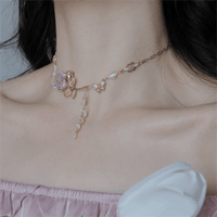 Thumbnail for Dainty Pink Crystal Rose Charm Fritillaria Beaded Chain Y Choker Necklace - ArtGalleryZen