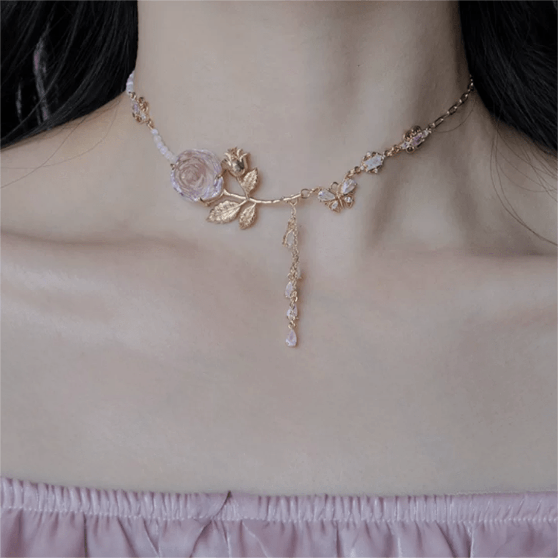 Dainty Pink Crystal Rose Charm Fritillaria Beaded Chain Y Choker Necklace - ArtGalleryZen