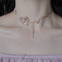 Thumbnail for Dainty Pink Crystal Rose Charm Fritillaria Beaded Chain Y Choker Necklace - ArtGalleryZen