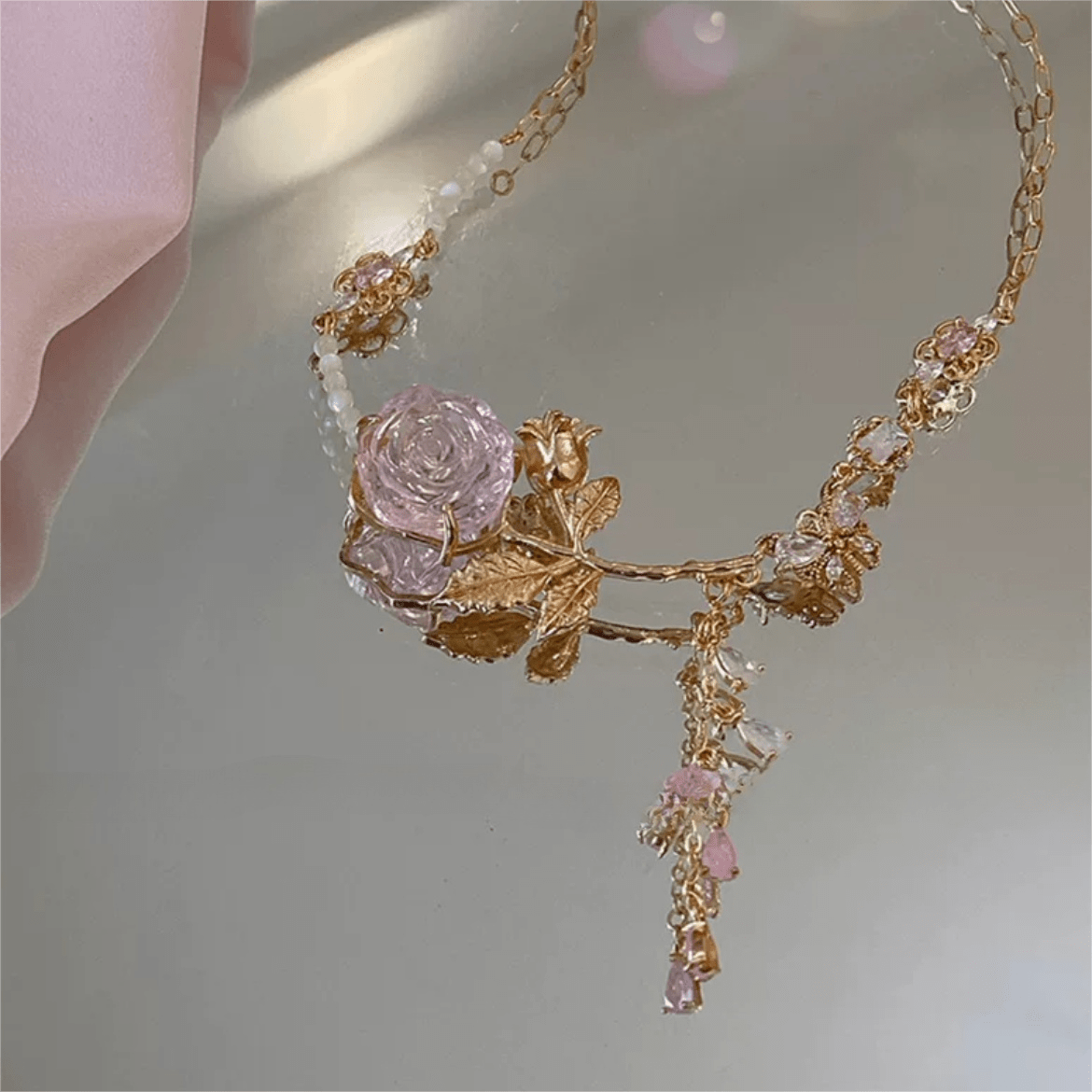 Dainty Pink Crystal Rose Charm Fritillaria Beaded Chain Y Choker Necklace - ArtGalleryZen