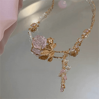 Thumbnail for Dainty Pink Crystal Rose Charm Fritillaria Beaded Chain Y Choker Necklace - ArtGalleryZen