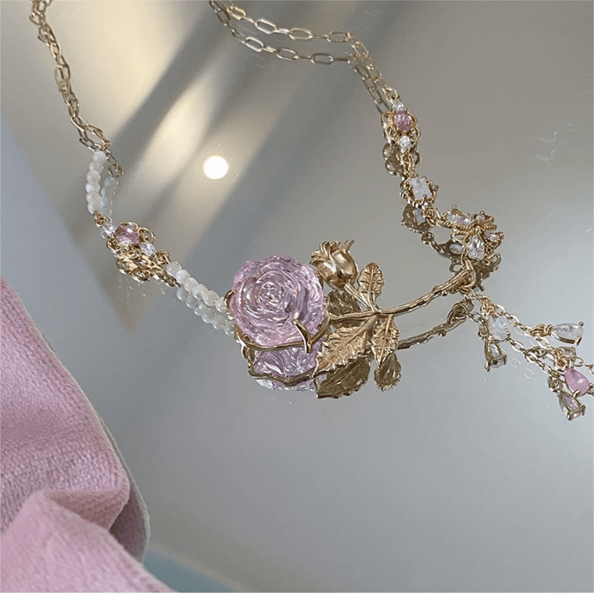 Dainty Pink Crystal Rose Charm Fritillaria Beaded Chain Y Choker Necklace - ArtGalleryZen