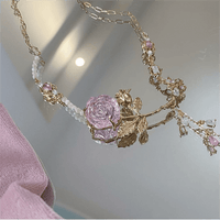 Thumbnail for Dainty Pink Crystal Rose Charm Fritillaria Beaded Chain Y Choker Necklace - ArtGalleryZen