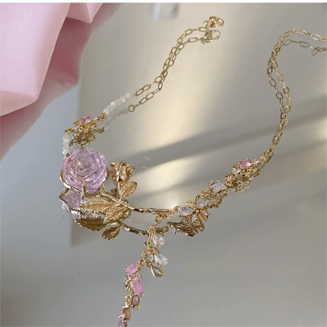 Dainty Pink Crystal Rose Charm Fritillaria Beaded Chain Y Choker Necklace - ArtGalleryZen