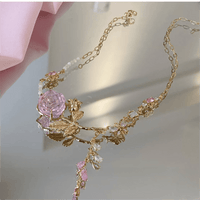 Thumbnail for Dainty Pink Crystal Rose Charm Fritillaria Beaded Chain Y Choker Necklace - ArtGalleryZen