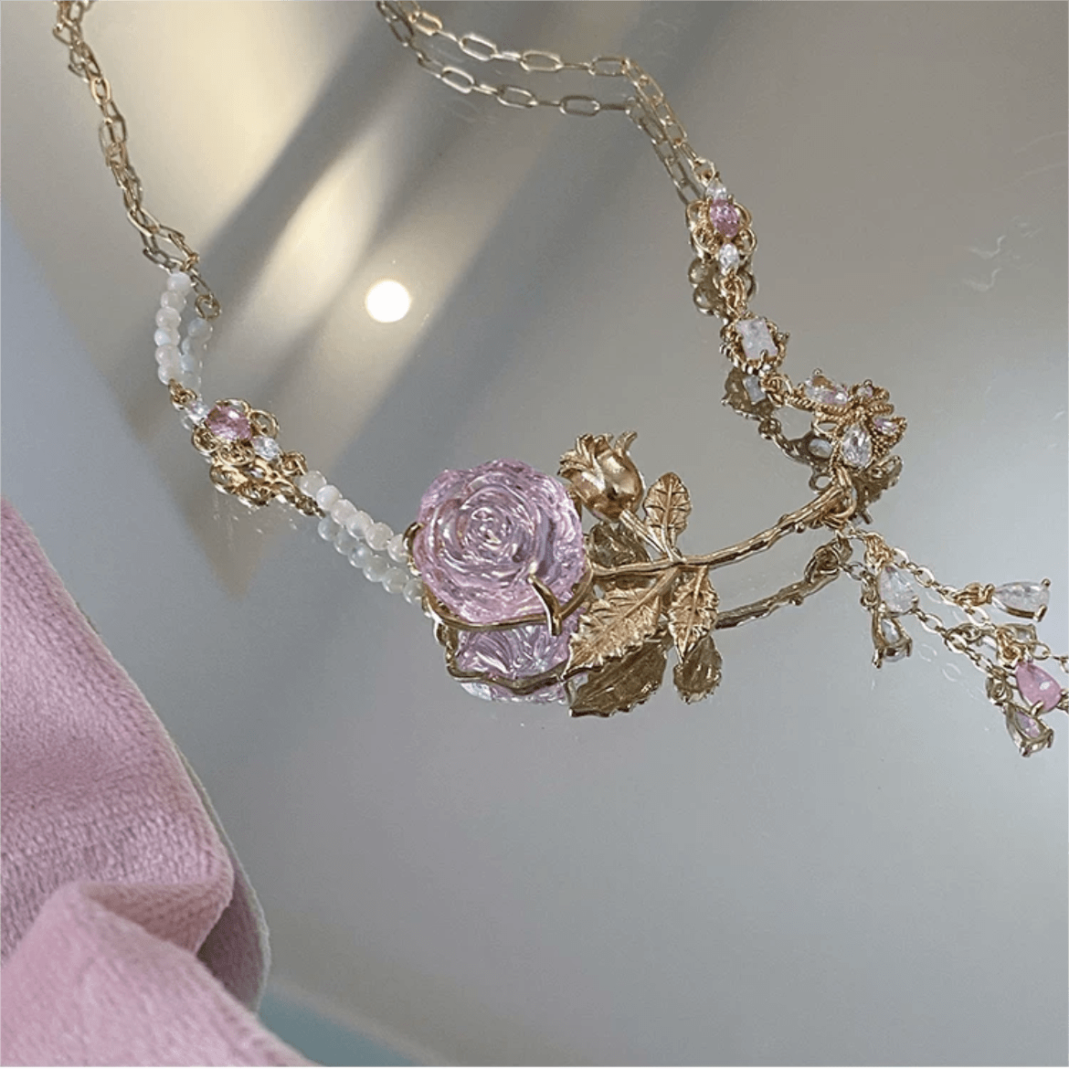 Dainty Pink Crystal Rose Charm Fritillaria Beaded Chain Y Choker Necklace