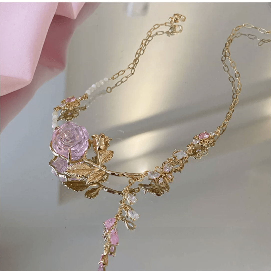 Dainty Pink Crystal Rose Charm Fritillaria Beaded Chain Y Choker Necklace