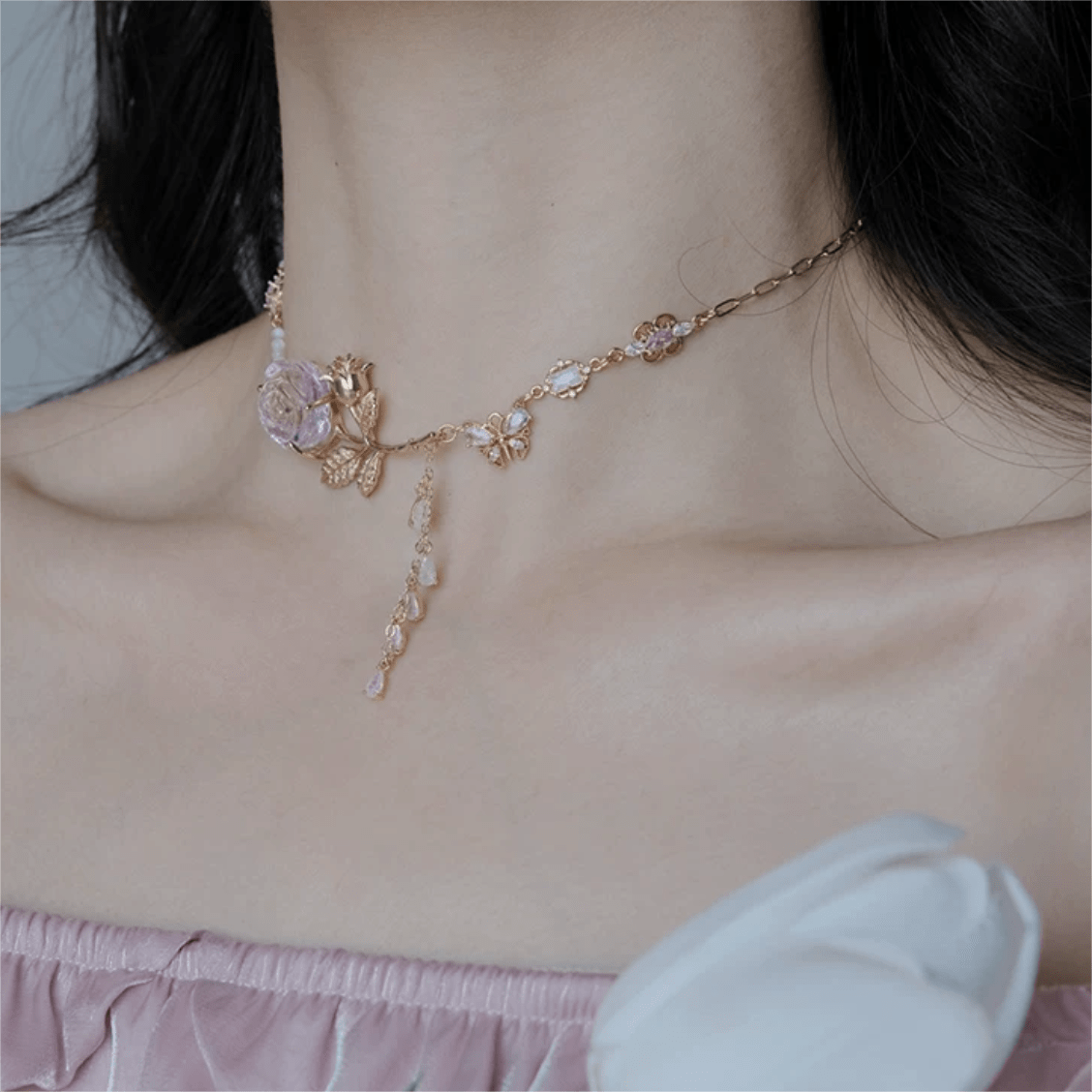 Dainty Pink Crystal Rose Charm Fritillaria Beaded Chain Y Choker Necklace