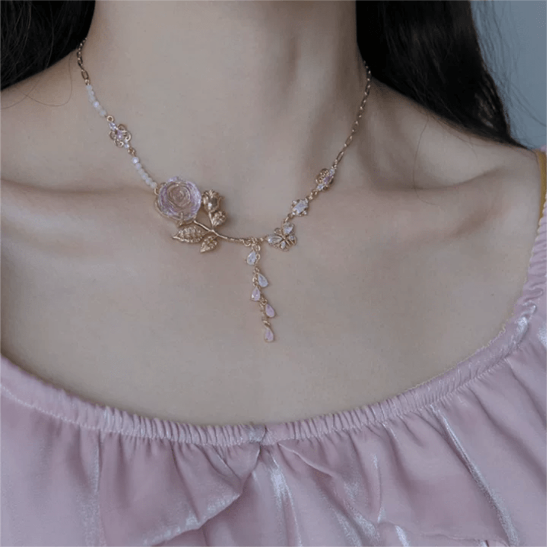 Dainty Pink Crystal Rose Charm Fritillaria Beaded Chain Y Choker Necklace