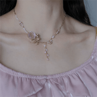 Thumbnail for Dainty Pink Crystal Rose Charm Fritillaria Beaded Chain Y Choker Necklace