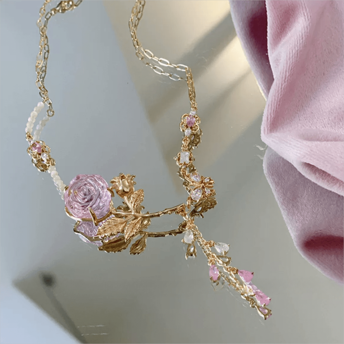 Dainty Pink Crystal Rose Charm Fritillaria Beaded Chain Y Choker Necklace