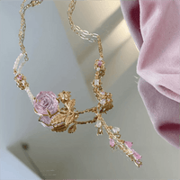 Thumbnail for Dainty Pink Crystal Rose Charm Fritillaria Beaded Chain Y Choker Necklace