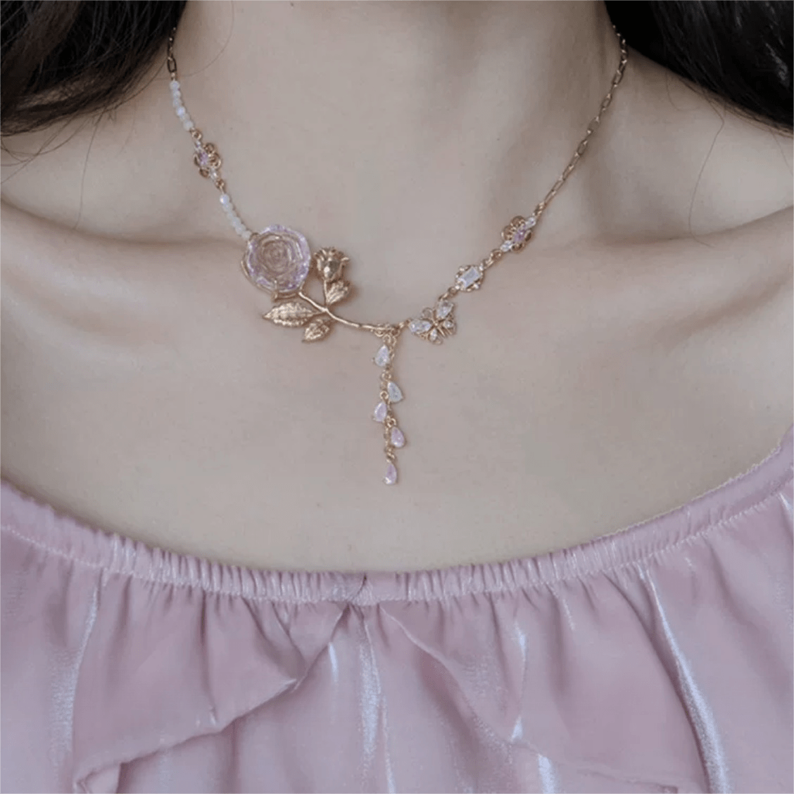 Dainty Pink Crystal Rose Charm Fritillaria Beaded Chain Y Choker Necklace