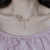 Thumbnail for Dainty Pink Crystal Rose Charm Fritillaria Beaded Chain Y Choker Necklace