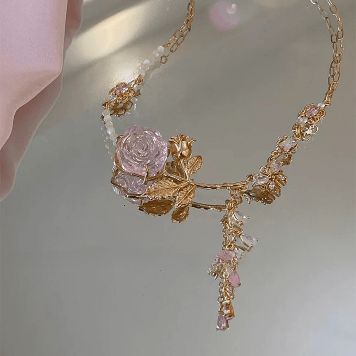 Dainty Pink Crystal Rose Charm Fritillaria Beaded Chain Y Choker Necklace