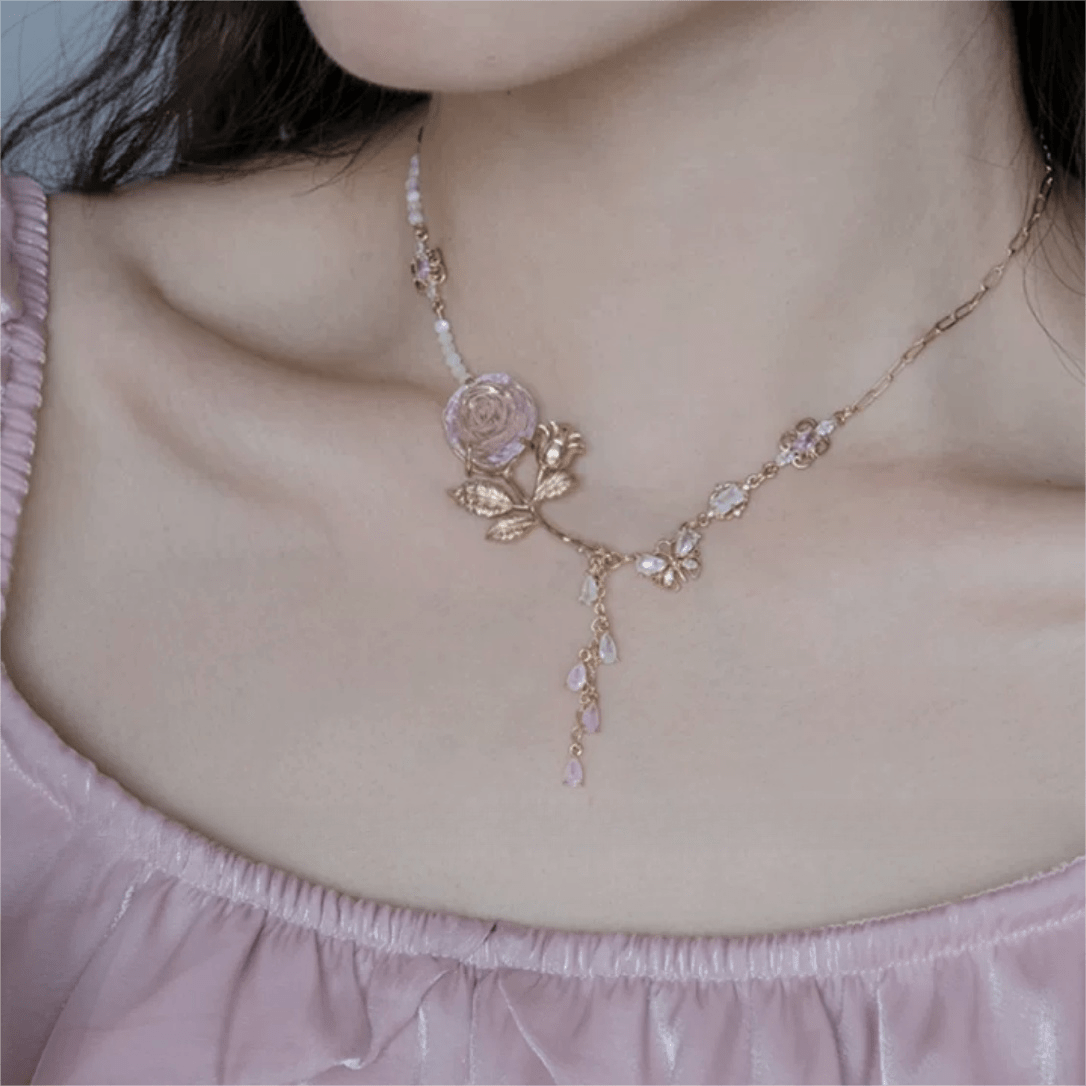 Dainty Pink Crystal Rose Charm Fritillaria Beaded Chain Y Choker Necklace