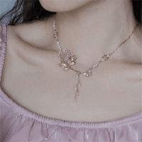 Thumbnail for Dainty Pink Crystal Rose Charm Fritillaria Beaded Chain Y Choker Necklace