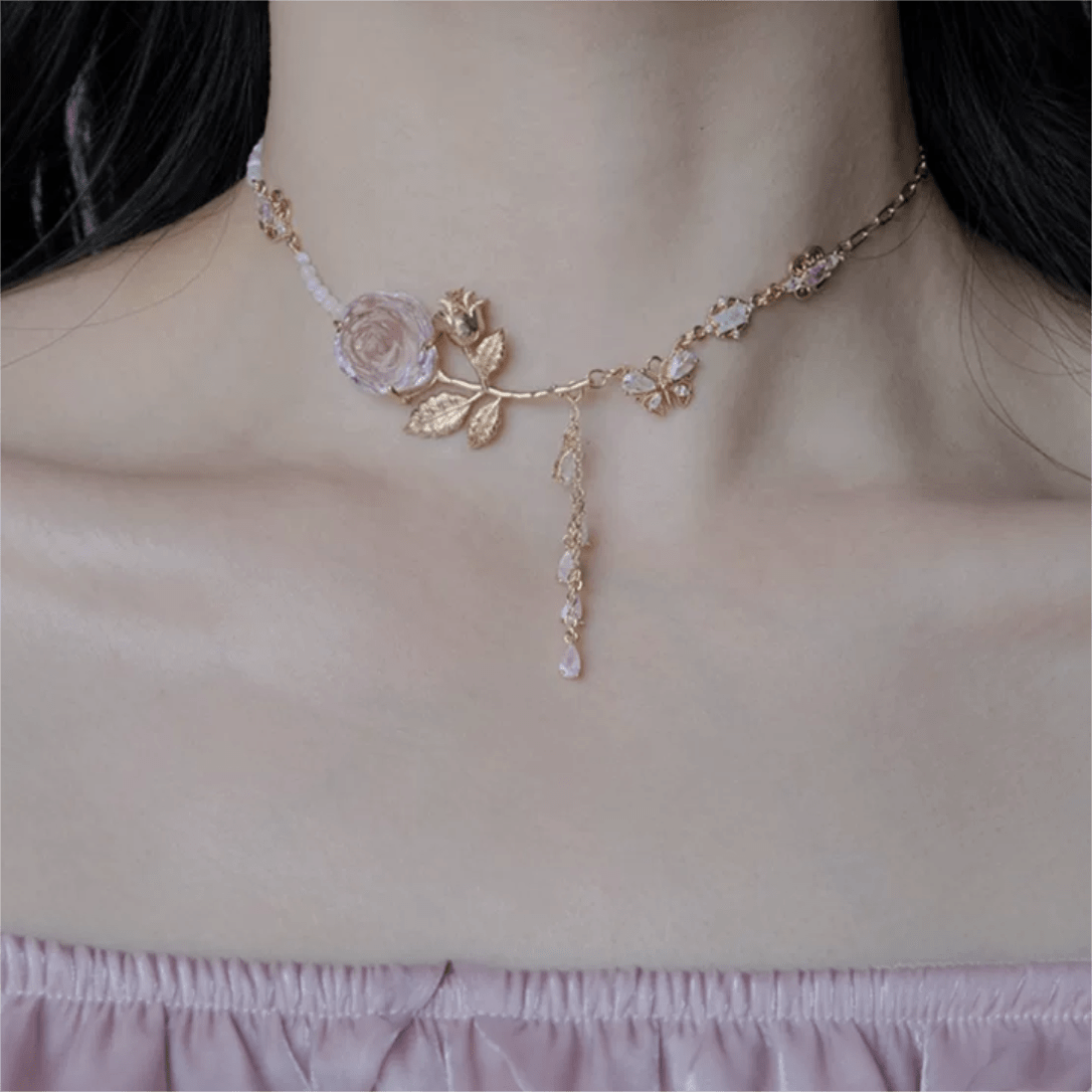 Dainty Pink Crystal Rose Charm Fritillaria Beaded Chain Y Choker Necklace