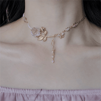 Thumbnail for Dainty Pink Crystal Rose Charm Fritillaria Beaded Chain Y Choker Necklace