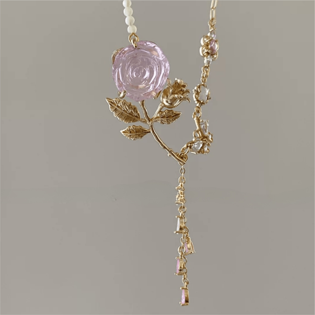 Dainty Pink Crystal Rose Charm Fritillaria Beaded Chain Y Choker Necklace