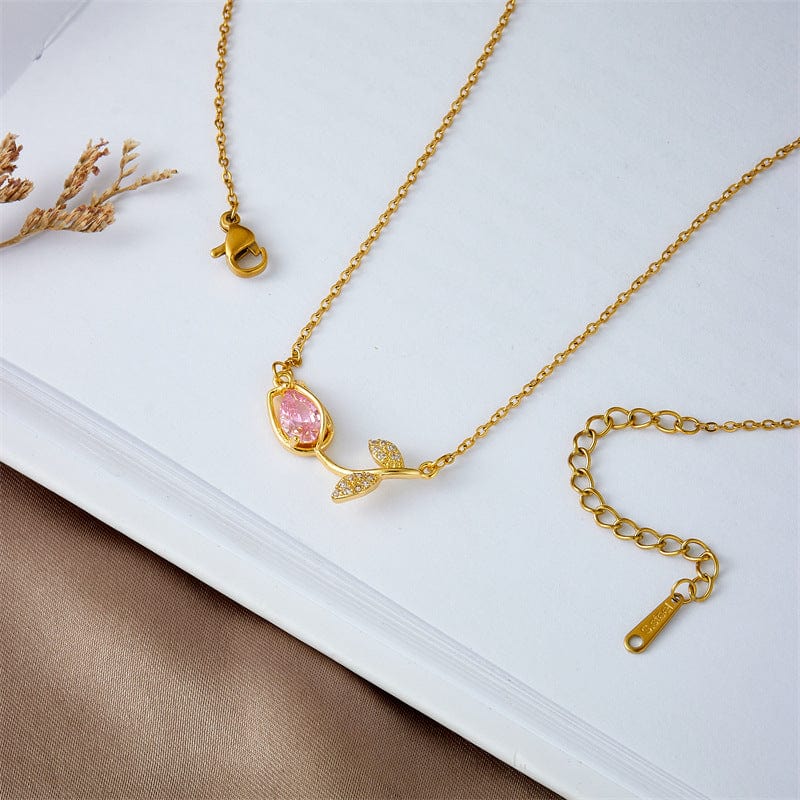 Dainty Pink Crystal Tulip Chain Necklace - ArtGalleryZen