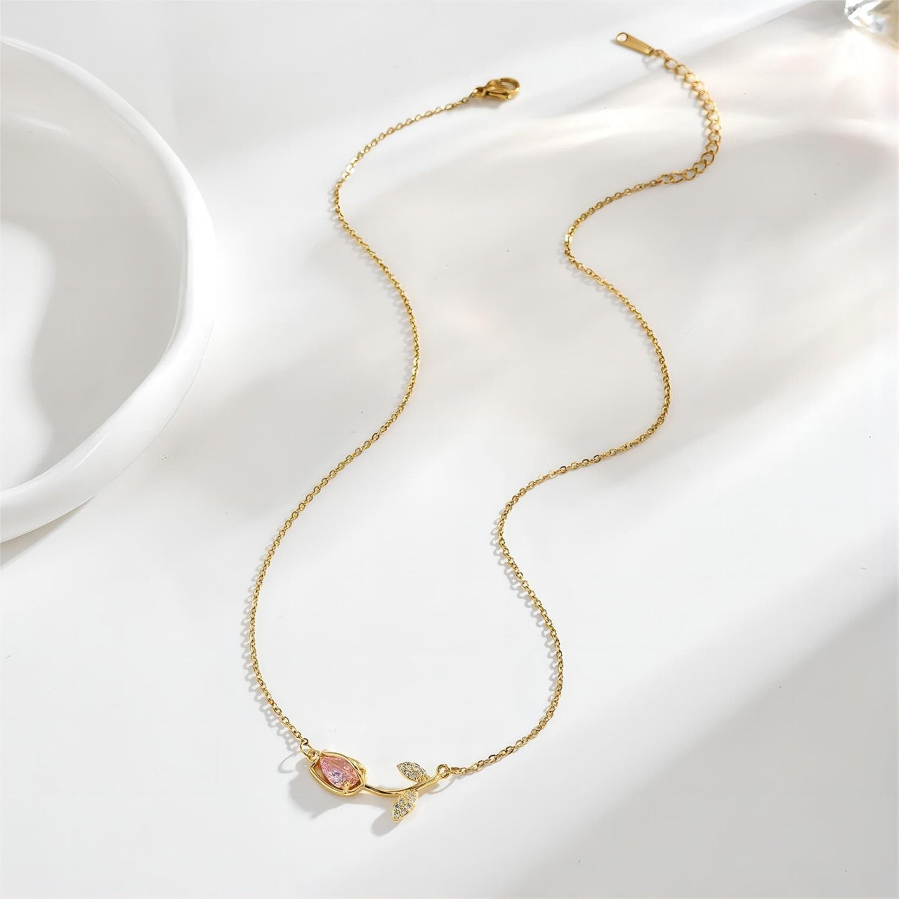 Dainty Pink Crystal Tulip Chain Necklace - ArtGalleryZen