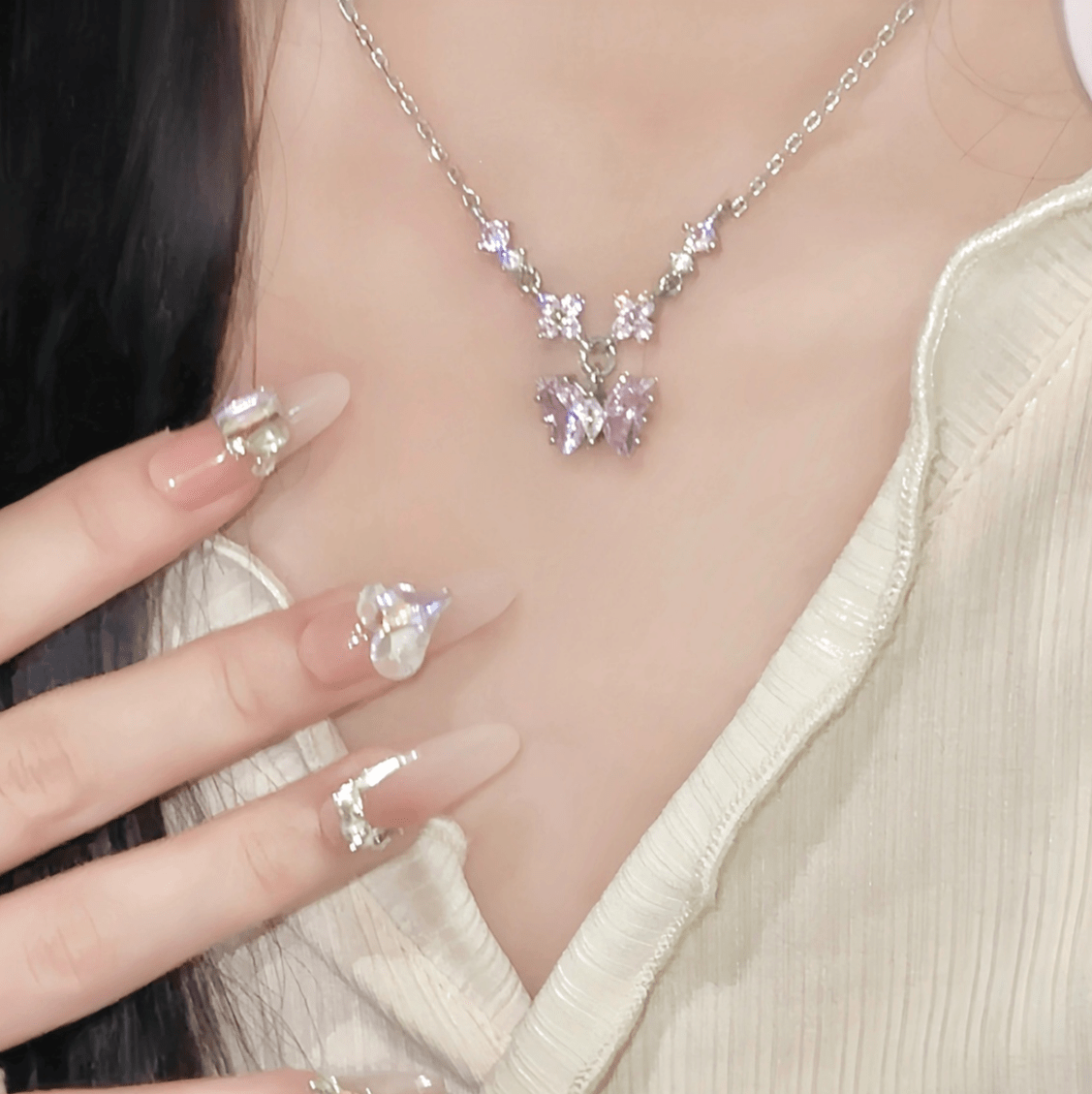 Dainty Pink CZ Inlaid Butterfly Pendant Cable Chain Necklace - ArtGalleryZen