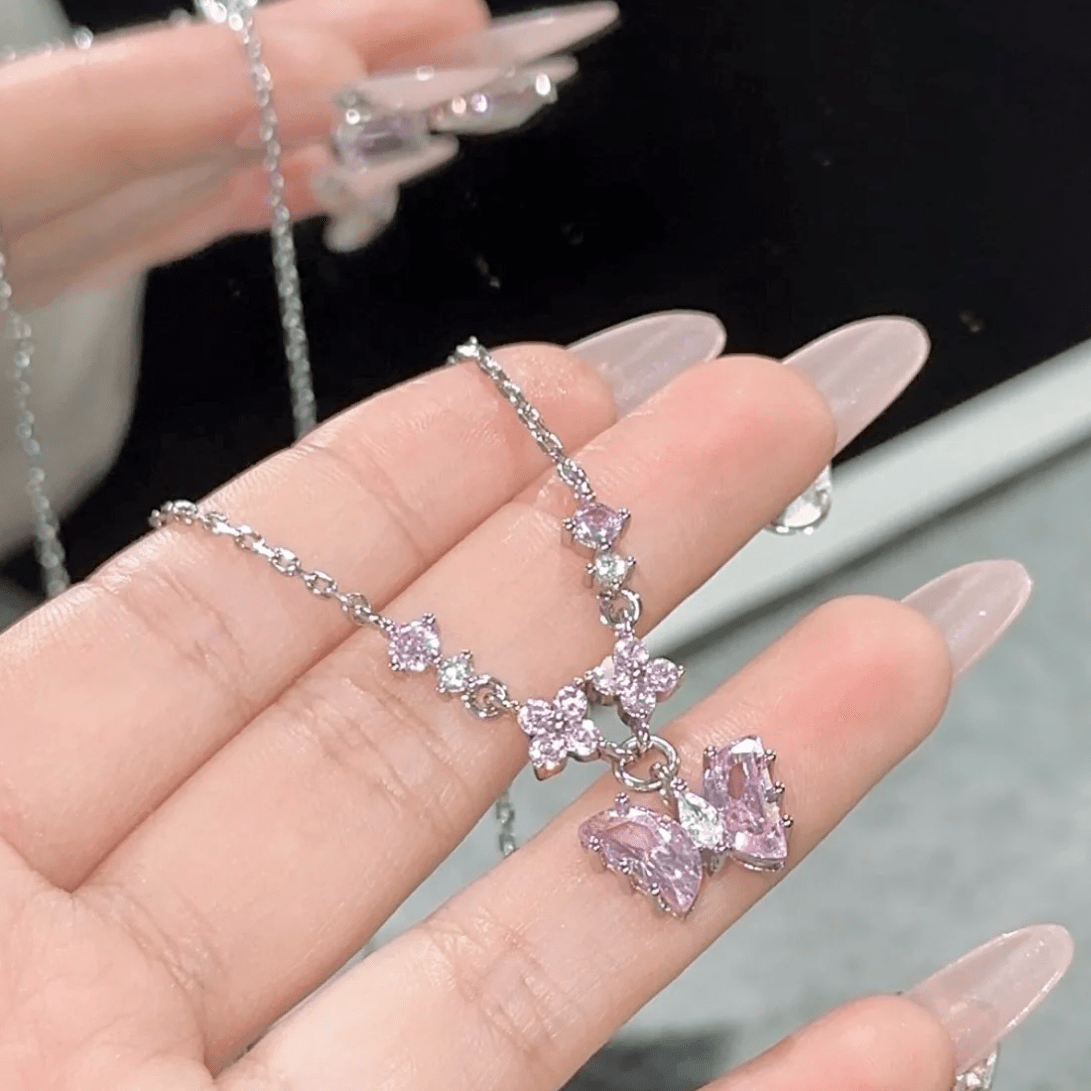 Dainty Pink CZ Inlaid Butterfly Pendant Cable Chain Necklace - ArtGalleryZen