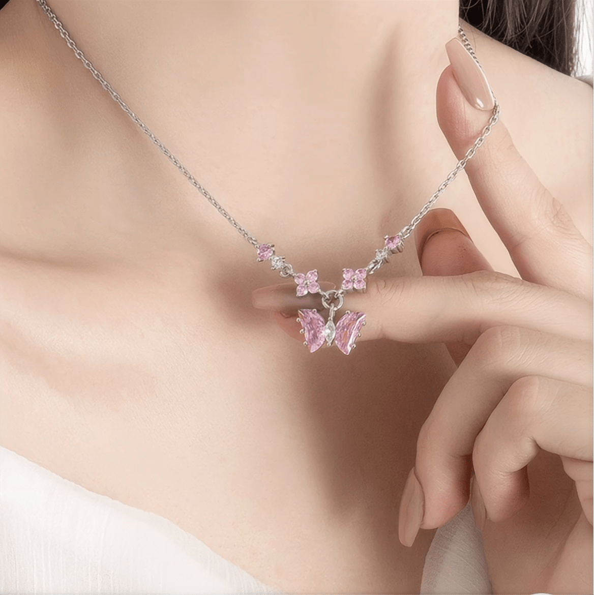 Dainty Pink CZ Inlaid Butterfly Pendant Cable Chain Necklace - ArtGalleryZen