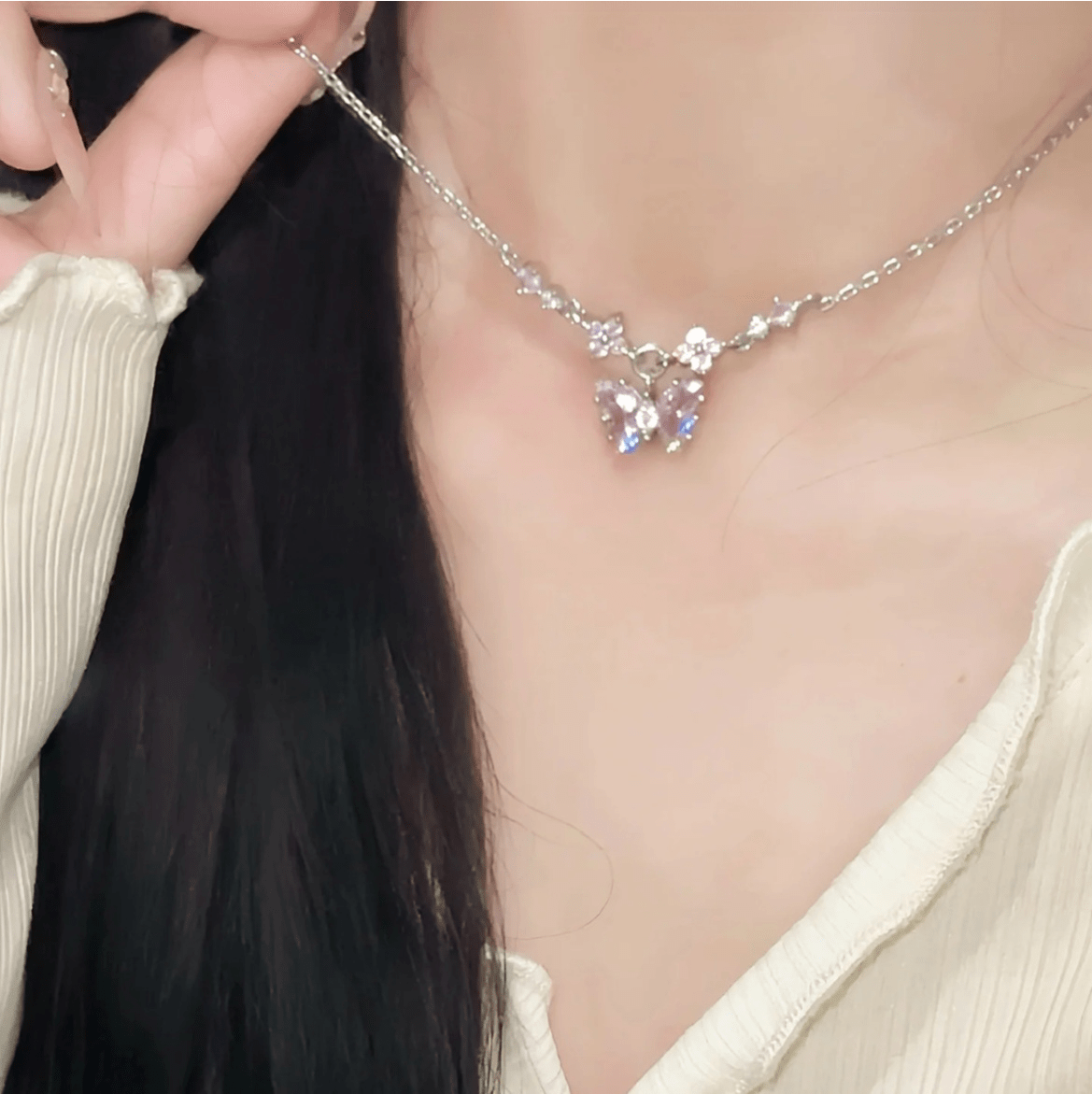 Dainty Pink CZ Inlaid Butterfly Pendant Cable Chain Necklace - ArtGalleryZen