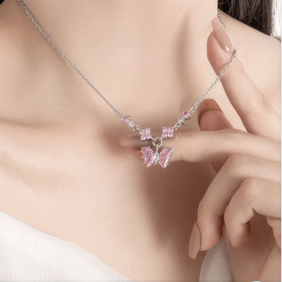 Dainty Pink CZ Inlaid Butterfly Pendant Cable Chain Necklace