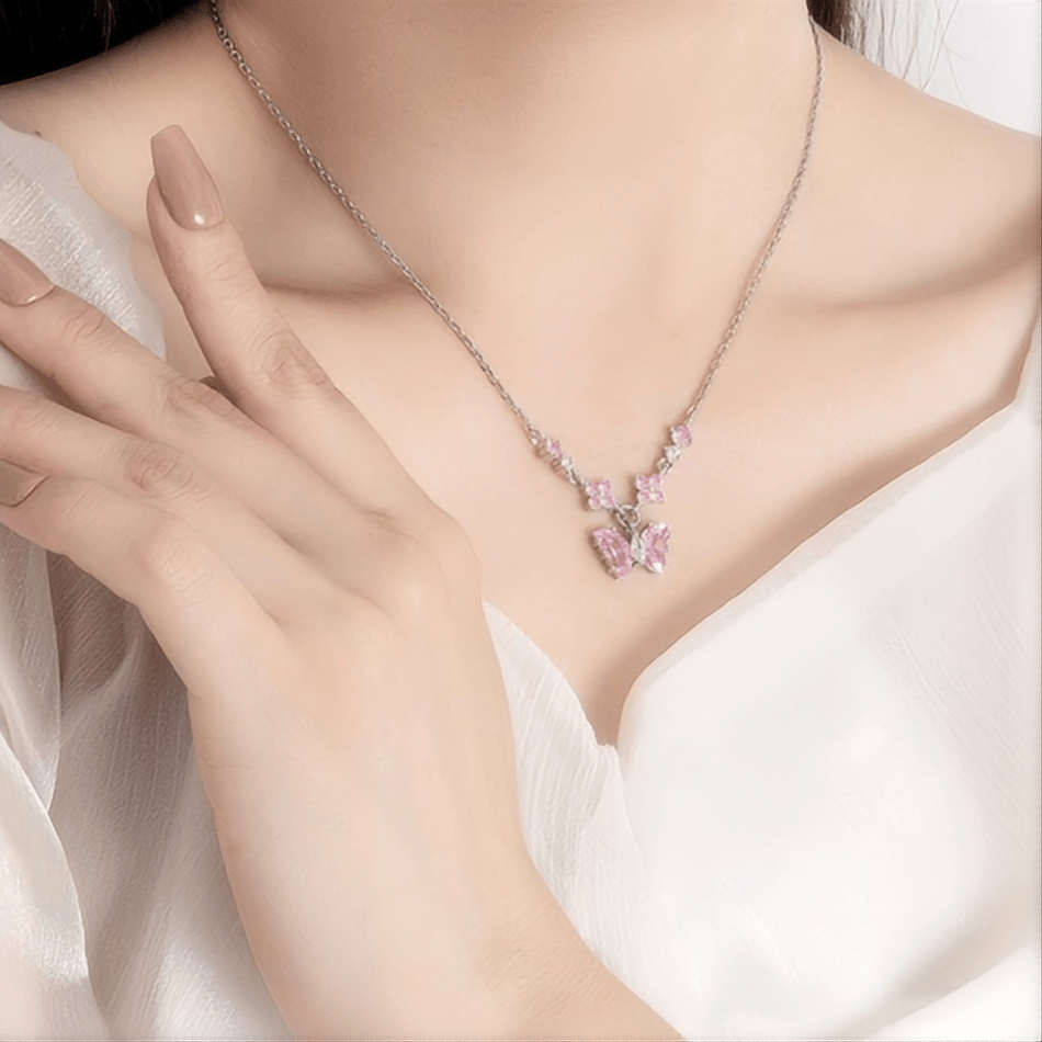 Dainty Pink CZ Inlaid Butterfly Pendant Cable Chain Necklace